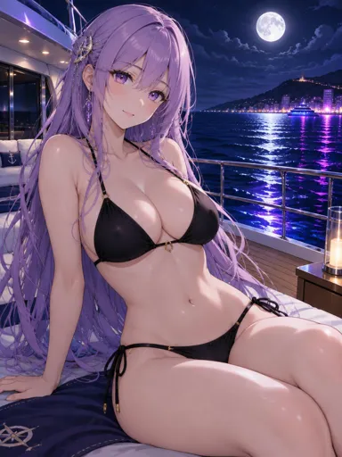 Anime AI girl Rei on a yacht at night